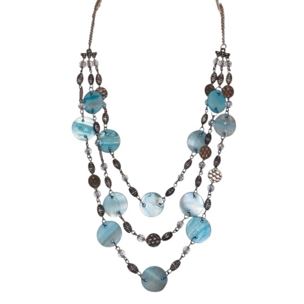 TURQUOISE SHELL NECKLACE Vintage Shell and Silver Tone 3 Strand Necklace